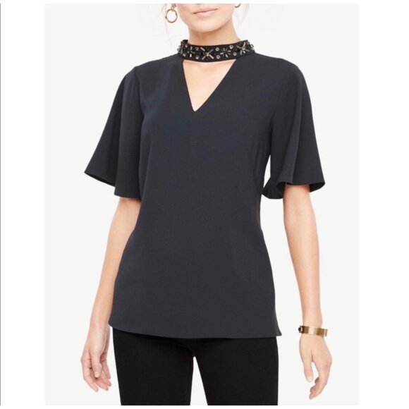Ann Taylor Beaded Neck Cutout Top Size 12 Dark Gray Flutter Sleeve Blouse Women' - Picture 2 of 7
